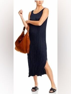 Eileen Fisher Missy Navy Blue Crushed Silk Tank Midi Dress M